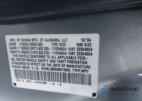 2005 Honda Odyssey Touring z USA, uszkodzony, nr VIN 5FNRL38855B015693